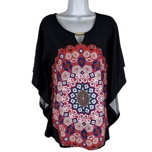 Robert‎ Louis Poncho Top Blouse Women's Small Black Red Kimono Sleeves Geometric